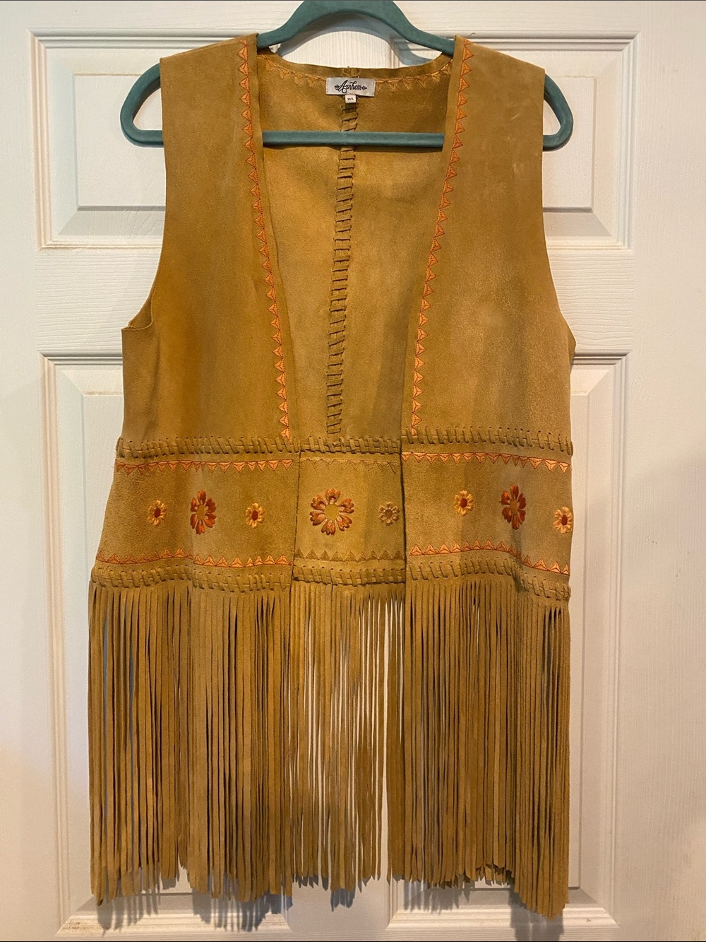 Arnhem Mustard Suede Fringe Vest with Embroidered Waistband